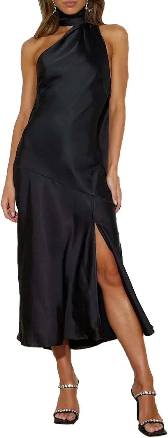 Sexyshine Women's Satin Maxi Cocktail Dress Halter Formal Wedding Dress | Amazon (US)
