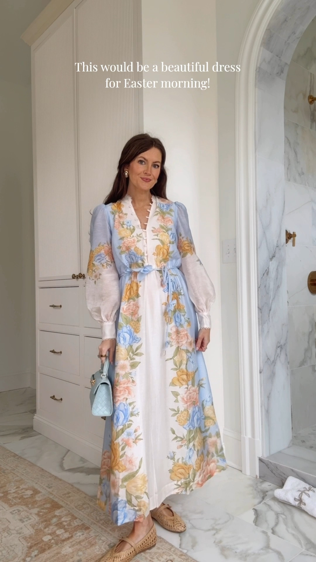 This would be a beautiful dress for Easter morning! I love the 3D flowers on the belt - such a beautiful detail. I sized up one size for pregnancy! 🤍🌷

Easter outfit inspo, spring outfit, spring dress, JW Pei handbag, light blue handbag 

#LTKdayinmylife #LTKBump #LTKSeasonal