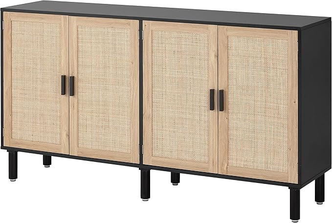 Finnhomy 4 Door Sideboard Buffet Cabinet, Kitchen Storage Cabinet with Rattan Decorated Doors, Cu... | Amazon (US)