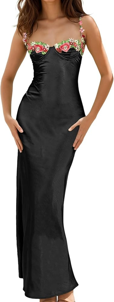 Women's Spaghetti Strap Floral Embroidered Dress Backless Strap Flower Lace-Up Slim Bodycon Long ... | Amazon (US)