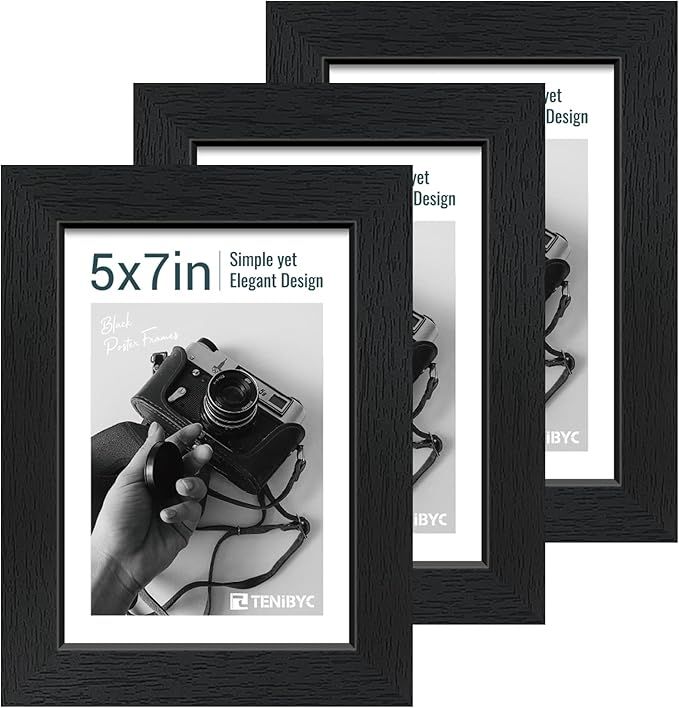 5x7 Picture Frame 3 Pack - Black Woodgrain, Solid Wood & HD Tempered Glass, Table Display or Wall... | Amazon (US)