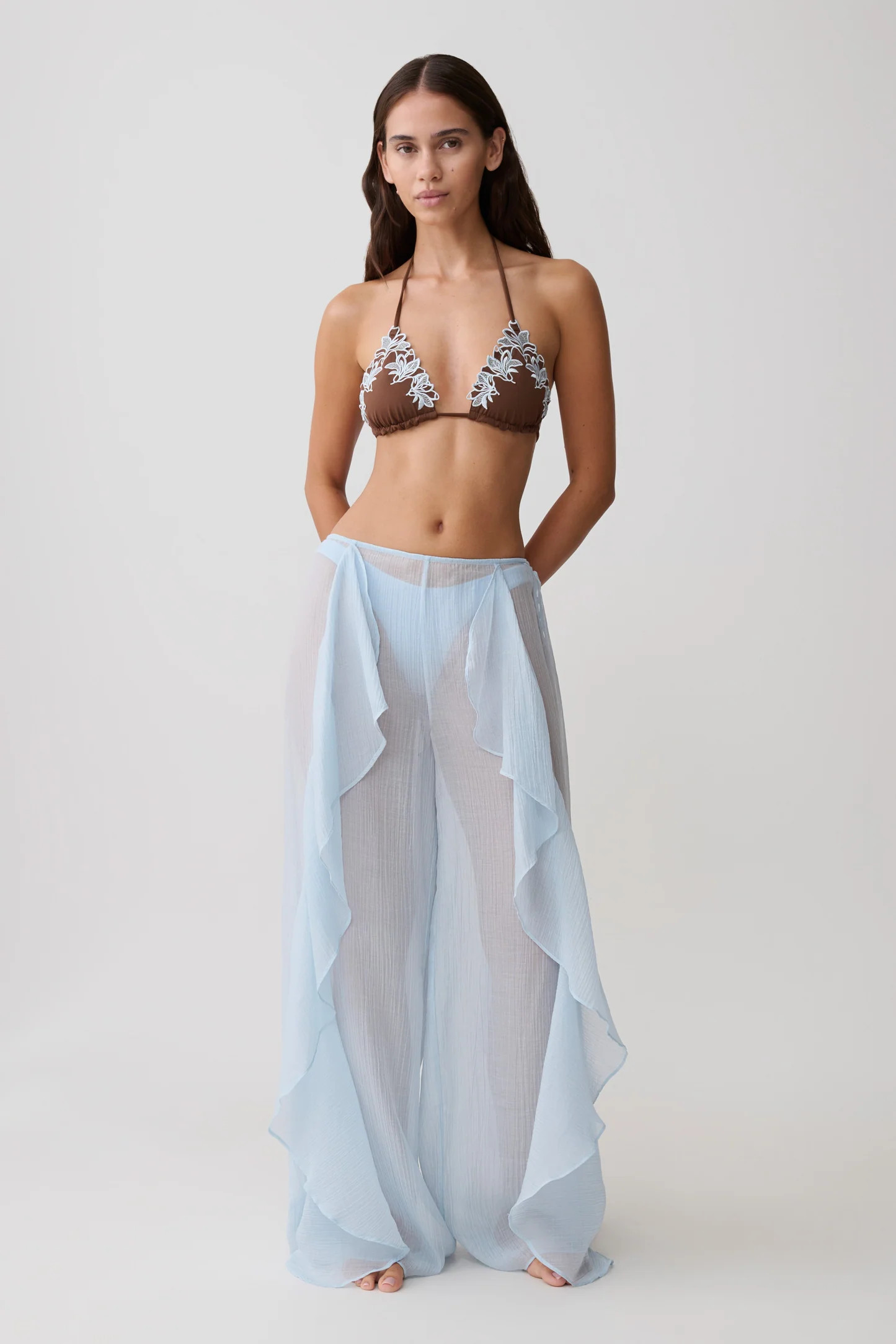 Kai Sheer Draped Ruffle Pant - Pale Blue | MESHKI US