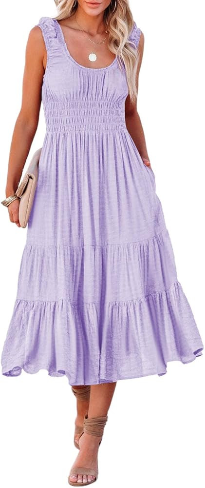 AlvaQ Women Summer Dresses Sleeveless Smocked Midi Dress High Waist Casual Tiered A Line Sundress... | Amazon (US)