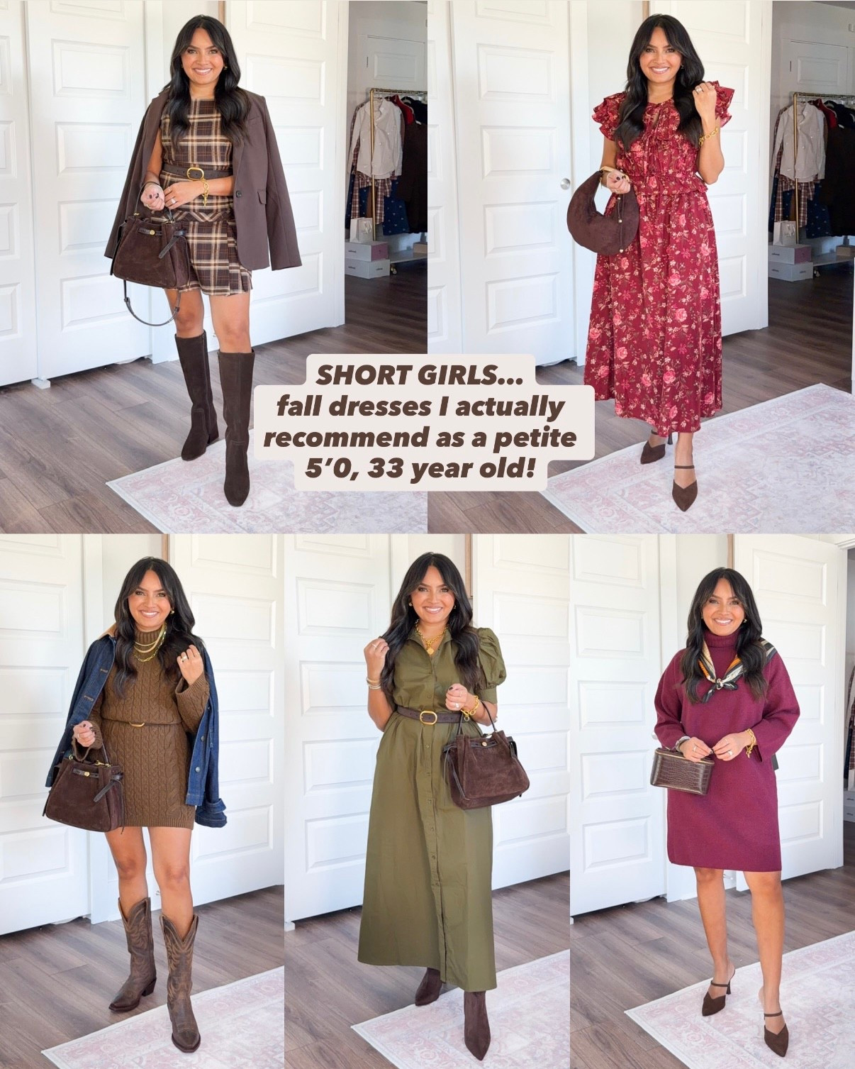 SHORT GIRLS… fall dresses I actually recommend as a petite 5'0, 33 year old!
For reference: I’m 5’0, 32b bra size, and 2/26 in bottoms, pear shaped. 
*Everything I share is unaltered! TTS means true to size.

Brown plaid pleated mini dress size small - sized up a size for room in the hips, fits perfectly!
Brown belt size 
Dark brown belt 27” - 31”
Chocolate brown suede waterproof boots size 6 - sized up a half size

Oxblood burgundy floral dress size xs TTS
Brown heels size 5 TTS

Coffee Brown cable knit  sweater dress size xs TTS
Dark brown belt 27” - 31”
Denim jacket size xxs petite - sized down a size, runs big
Brown cafe color cowgirl boots size 5.5 - sized down a half size!

Olive green ruffle collar maxi dress size xxs TTS
Dark brown belt 27” - 31”
Brown boot size 5.5 TTS

Cranberry burgundy sweater dress size xs TTS 
Brown heels size 5 TTS



petite fall dresses
fall occasion outfits
petite friendly dresses
thanksgiving outfit ideas
friendsgiving outfit
bridal shower dress
baby shower outfit
fall family photo outfits
weekend brunch outfit
fall capsule wardrobe
short girl fashion
fall outfit inspiration
dresses for petites
petite fall fashion
fall event outfit ideas
event outfits for petites
petite friendly pieces
Rachel Miranda Blog
Honeysweetpetite
Honey Sweet Petite


#LTKStyleTip #LTKHoliday #LTKPetite