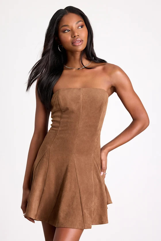 Andrada Light Brown Suede Strapless Mini Dress | Lulus