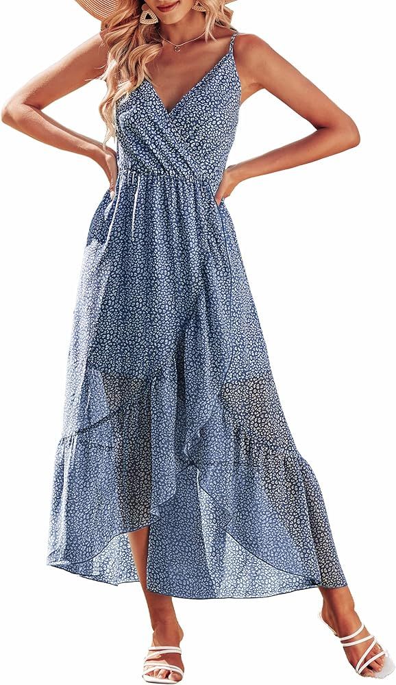 KIRUNDO Women's Spaghetti Strap V Neck Flowy Leopard Print High Waist Belt Split Maxi Dresses | Amazon (US)