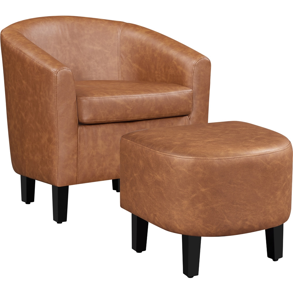 Renwick Barrel Accent Chair with Ottoman, Brown Faux Leather - Walmart.com | Walmart (US)