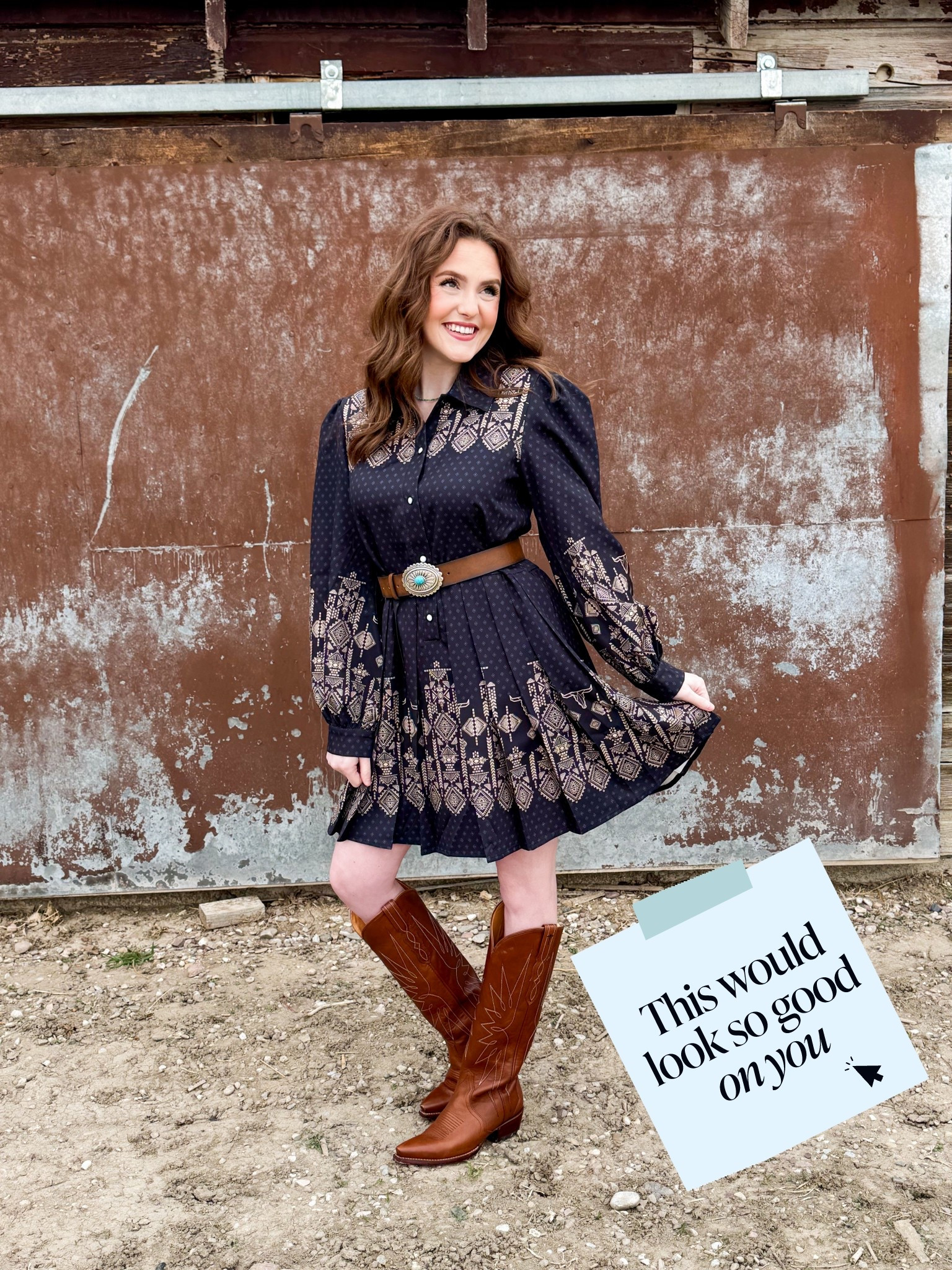 The kind of outfit that makes you walk a little taller. ✨
An black dress cinched with a turquoise concho belt, tall cognac boots, and dirt under your feet — because the best looks don’t need a fancy backdrop.


#LTKootd #LTKWorkwear #LTKgrwm