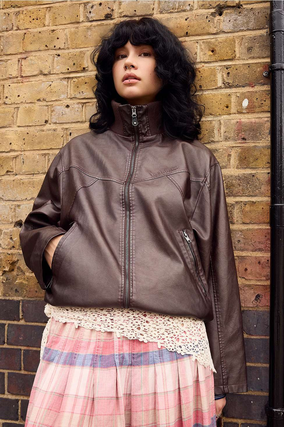 BDG Frances Faux Leather Unwadded Bomber Jacket - Brown L at Urban Outfitters | Urban Outfitters UK