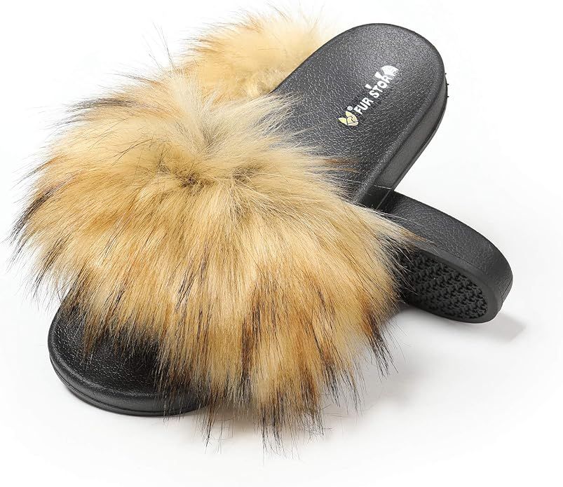 Women's Furry Slides Faux Fur Slides Fuzzy Slippers Fluffy Sandals Outdoor Indoor | Amazon (US)