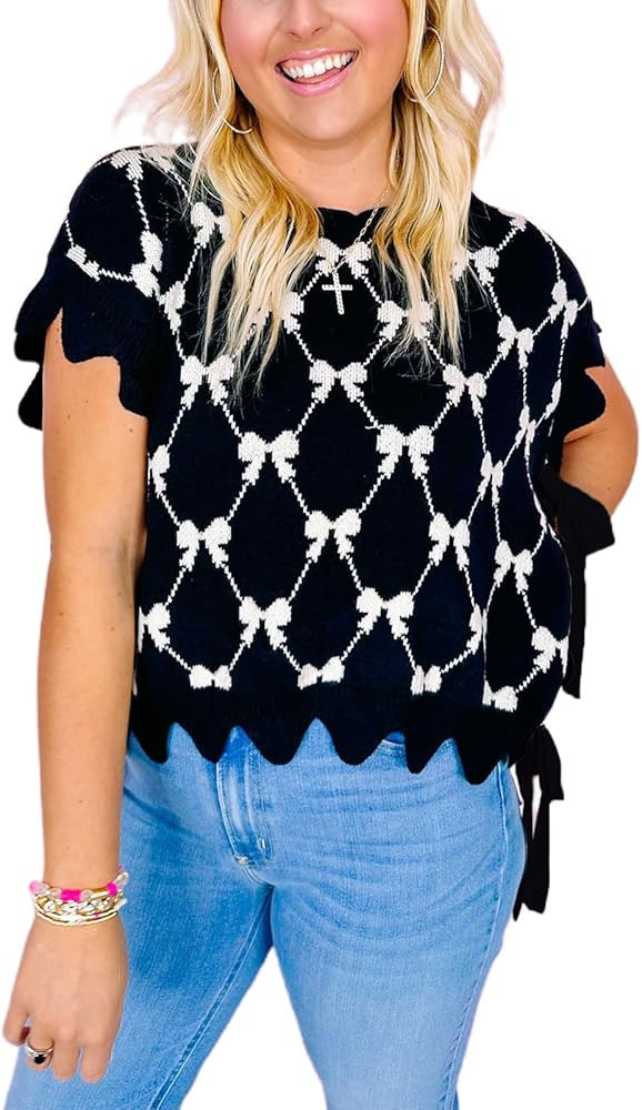 Women Side Tie Sweater Vest Mock Neck Cap Sleeve Sweater Tops Slit Hem Lace Up Crochet Vest Hollo... | Amazon (US)