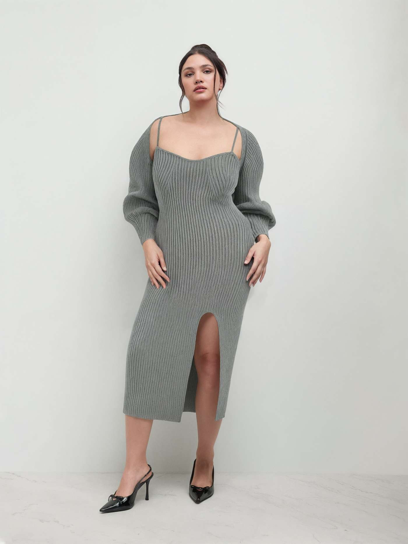 Knit Fabric Knit Solid Cami Split Midi Dress & Crop Top Curve & Plus | Cider
