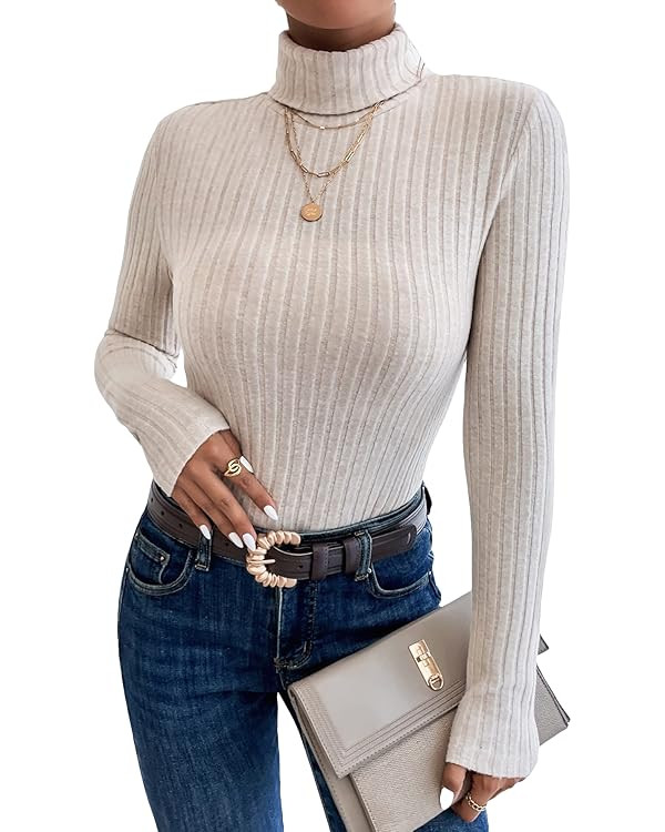 Milumia Women's Casual Rib Knit High Neck T Shirts Long Sleeve Fitted Tee Work Tops | Amazon (US)
