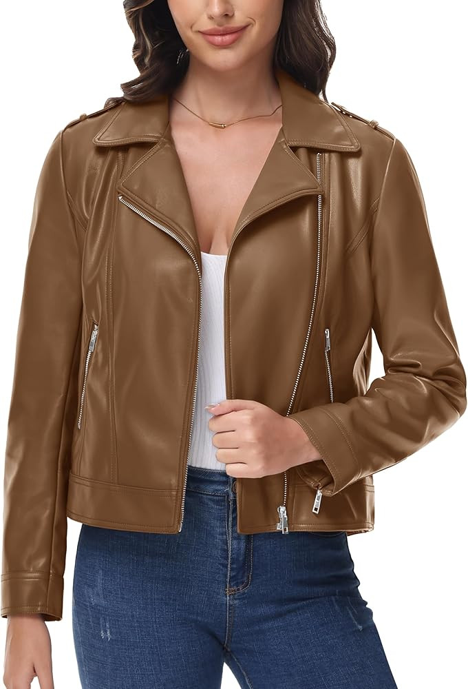 MAGCOMSEN Women's Leather Jacket Zipped Moto Jacket Lightweight Faux Leather Biker Jackets Fall A... | Amazon (US)