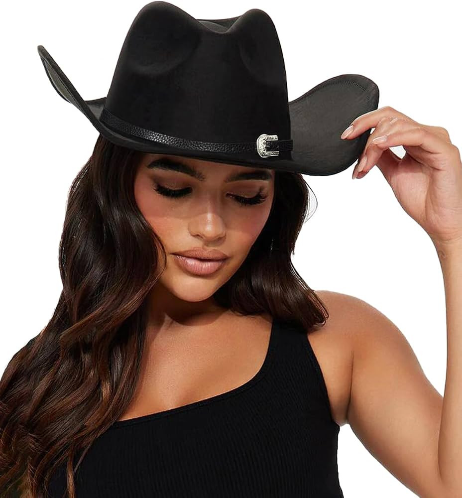 Womens Western Cowboy Hats Studded Pinched Western Cowgirl Hats Wide Brim Fedoras Hat with Belt B... | Amazon (US)