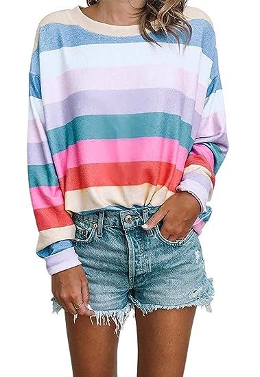 Women Long Sleeve Tops - Oversized Rainbow Striped Tunics Blouses T Shirt Pullover Sweatshirt | Amazon (US)