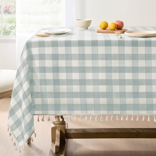 Softalker Checkered Tablecloth Rectangle, Outdoor Linen Cotton Gingham Table Cloth with Tassel, Heavy Duty Wrinkle Free Buffalo Plaid Table Cover for Kitchen Dining Summer Party - 55 x 102 Inch, Aqua | Amazon (US)