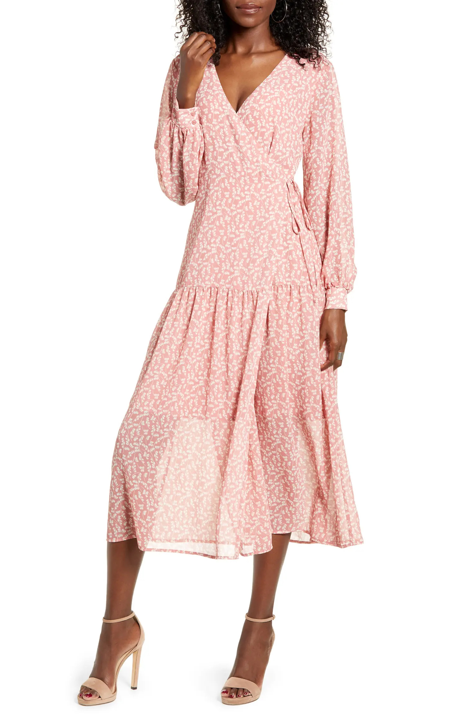 Print Long Sleeve Faux Wrap Midi Dress | Nordstrom