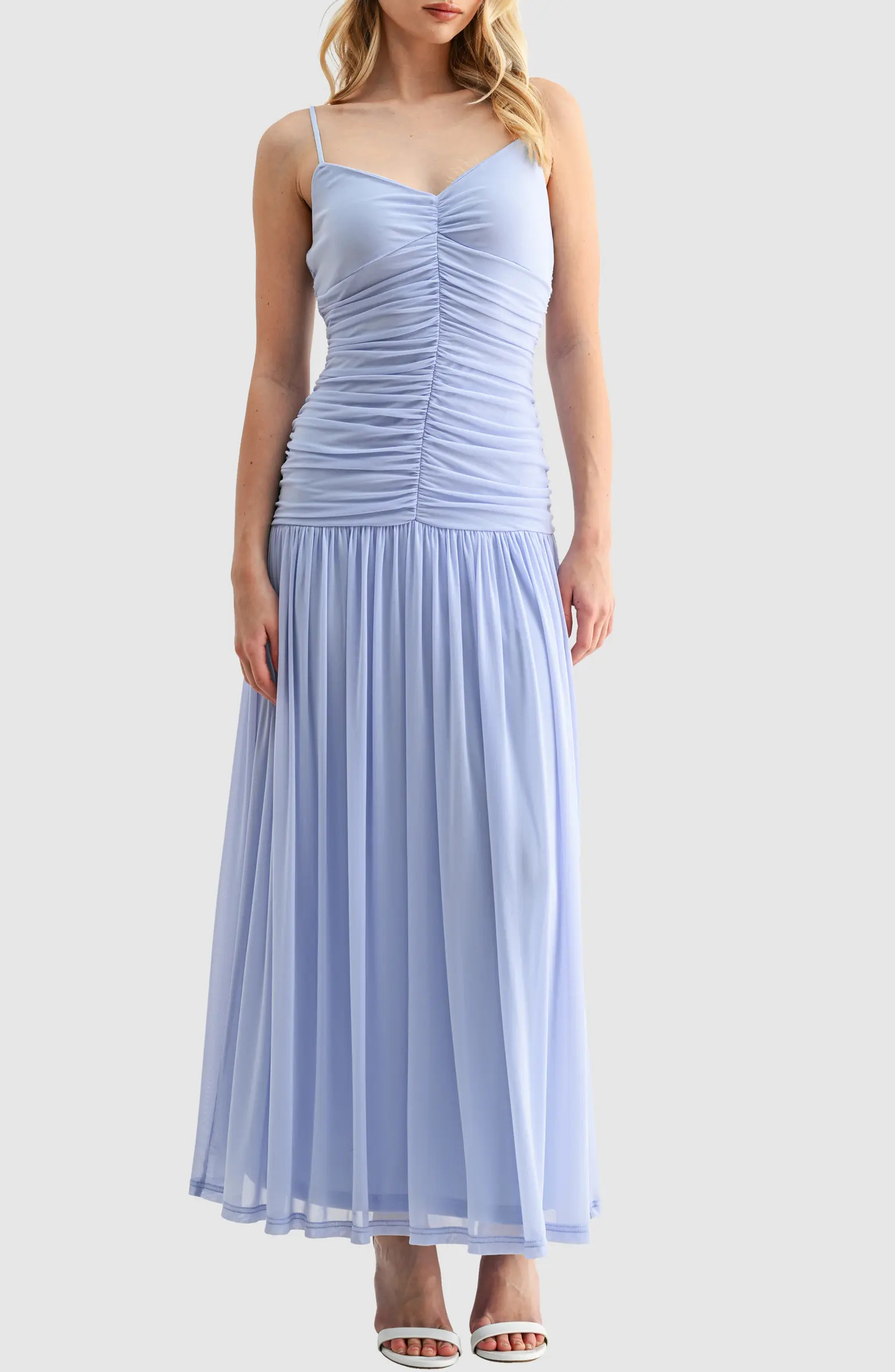 All in Favor Ruched Drop Waist Chiffon Midi Dress | Nordstrom | Nordstrom