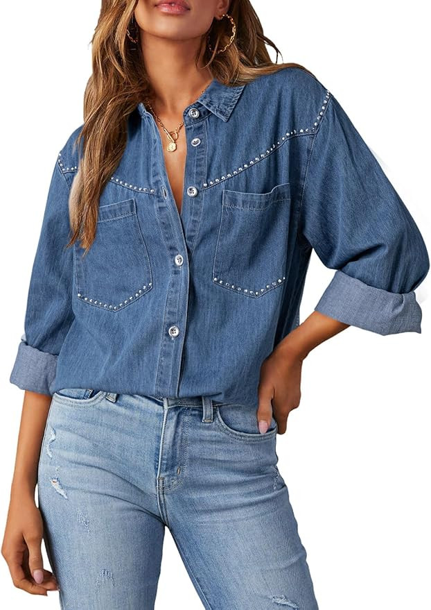 Dokotoo Women's Western Denim Shirt 100% Cotton Long Sleeve Button Down Jean Shacket Top | Amazon (US)