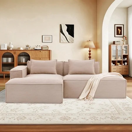 Wansaly 86" Boneless Cloud Sectional Couch, L-Shaped Modular Sofa with Left Armrest, Corduroy Living Room Furniture, Includes 2 Pillows & 1 Blanket, Beige | Walmart (US)