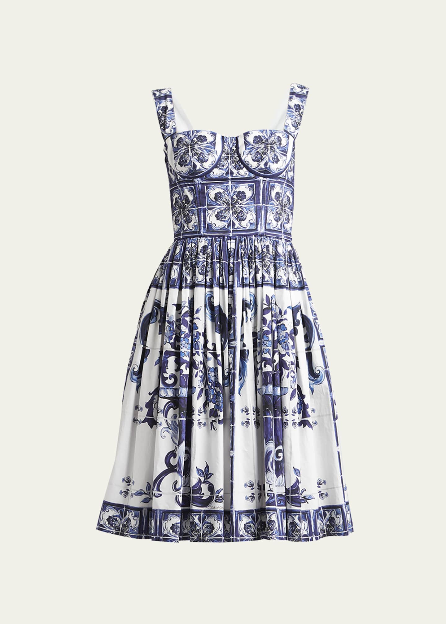 Dolce&Gabbana Tile-Print Pleated Poplin Bustier Dress | Bergdorf Goodman