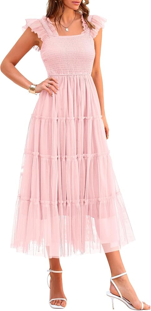 PRETTYGARDEN Women's Summer Tulle Midi Dress Sleeveless Smocked Ruffle Flowy Mesh Dresses Party W... | Amazon (US)