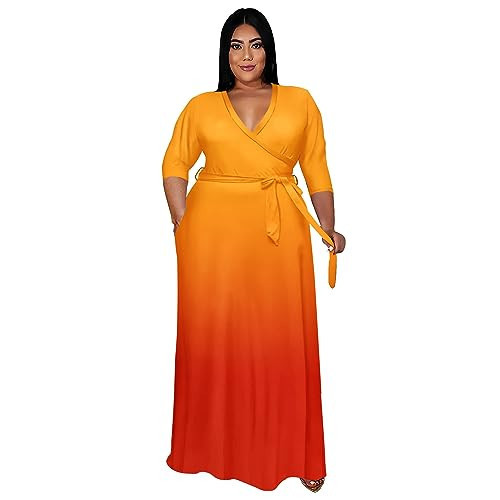 Runwind Plus Size Dress for Women 3/4 Sleeve V Neck Maxi Dresses for Women Gradient Orange Red Size XL | Amazon (US)