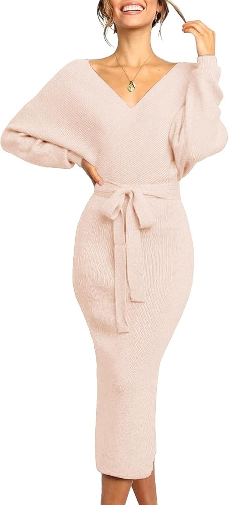 Slit,Open Back,Midi,Bodycon,Wedding Guest,Cocktail,Holiday Outfits,Winter Dress with Belt | Amazon (US)