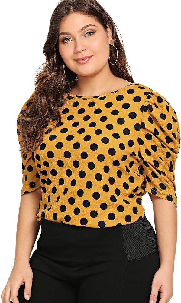 Floerns Women's Plus Size Polka Dot Puff Sleeve Blouse Top | Amazon (US)