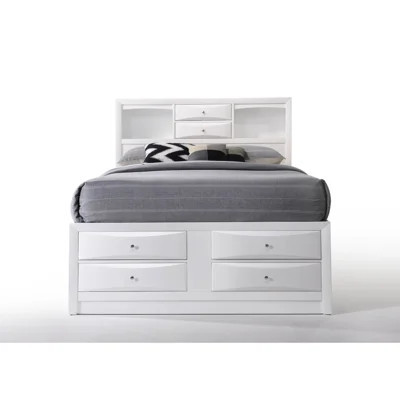 Queen White Storage Bed Featuring Rectangular Bookcase Headboard, 8 Drawers In Hb And Rails, Center Metal Glide Drawer Mechanism, 5 Platform Panels Sl | Wayfair North America
