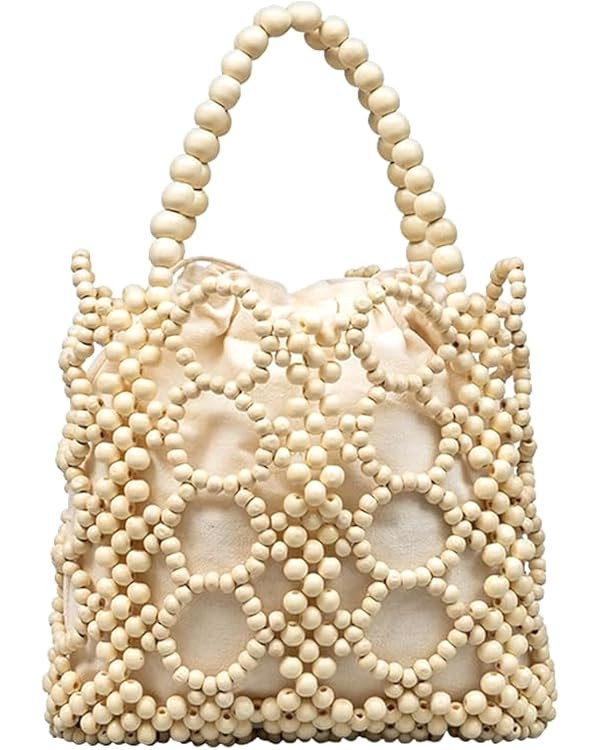 YYW Unique Handmade Wooden Bead Tote Bag for Women, Small Handwoven Clutch Purses Woven Bucket Ha... | Amazon (US)