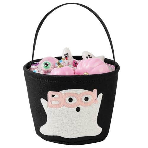 Halloween Basket Ghost Bucket for Kids, Cute Trick or Treat Baskets Bag with Embroidery, Girl Spooky Candy Buckets Foldable Ghost Buckets Gift Baskets Empty for Halloween Party Decorations (Pink) | Amazon (US)