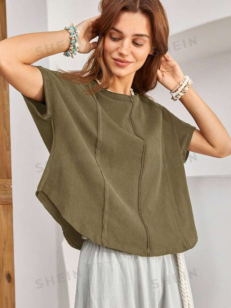 Bohemela Women Breathable Solid Color Short Sleeve T-Shirt With Curved Hemline For Holiday | SHEIN