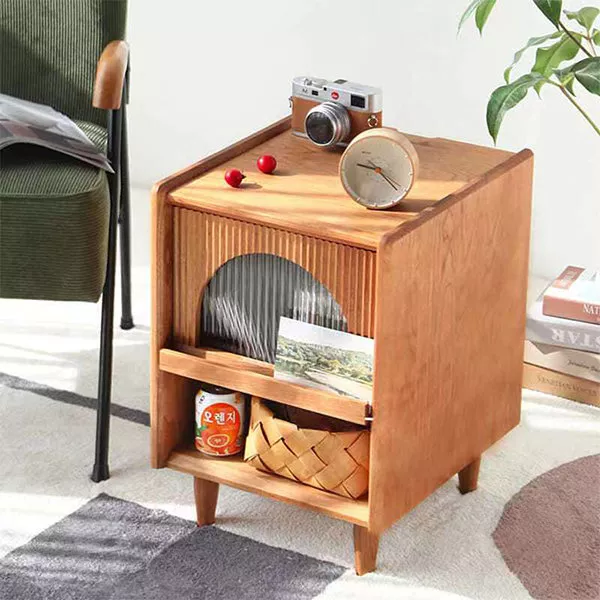 Japanese Style Bedside Storage Cabinet - Cherry Wood - Stainless Steel -  ApolloBox