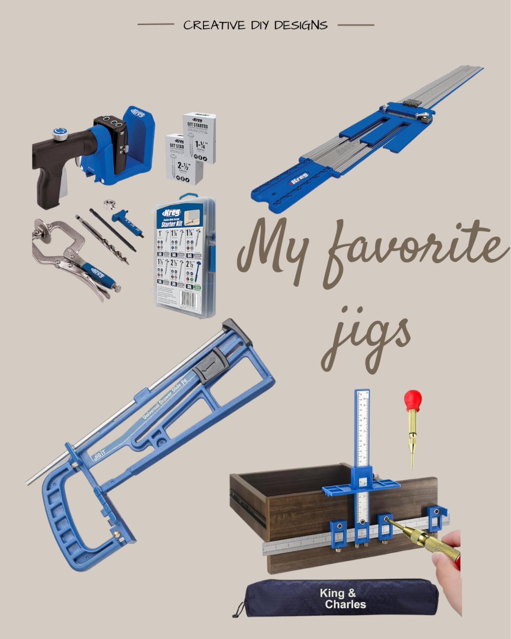DIY jigs. Carpentry jigs. Kreg tools. Kreg jigs. Cabinet hardware jig. Pocket hole jig. Kreg Accucut. Drawer slide jig.

#LTKhome