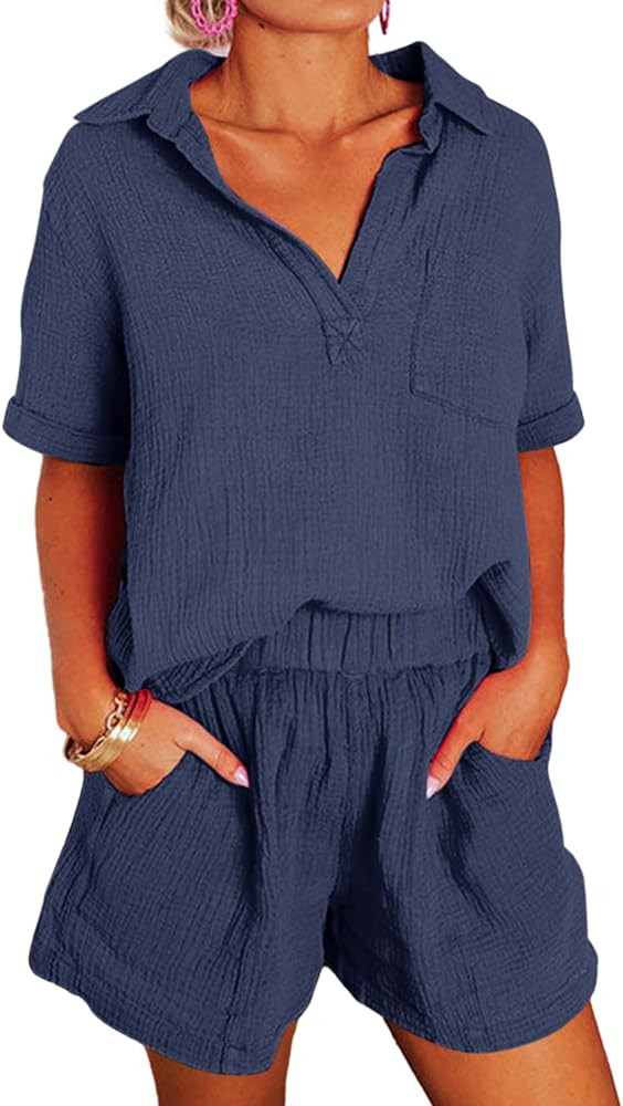 Dokotoo Women's Two Piece Outfits V Neck Short Sleeve Shirts and High Waist Shorts Lounge Sets | Amazon (US)