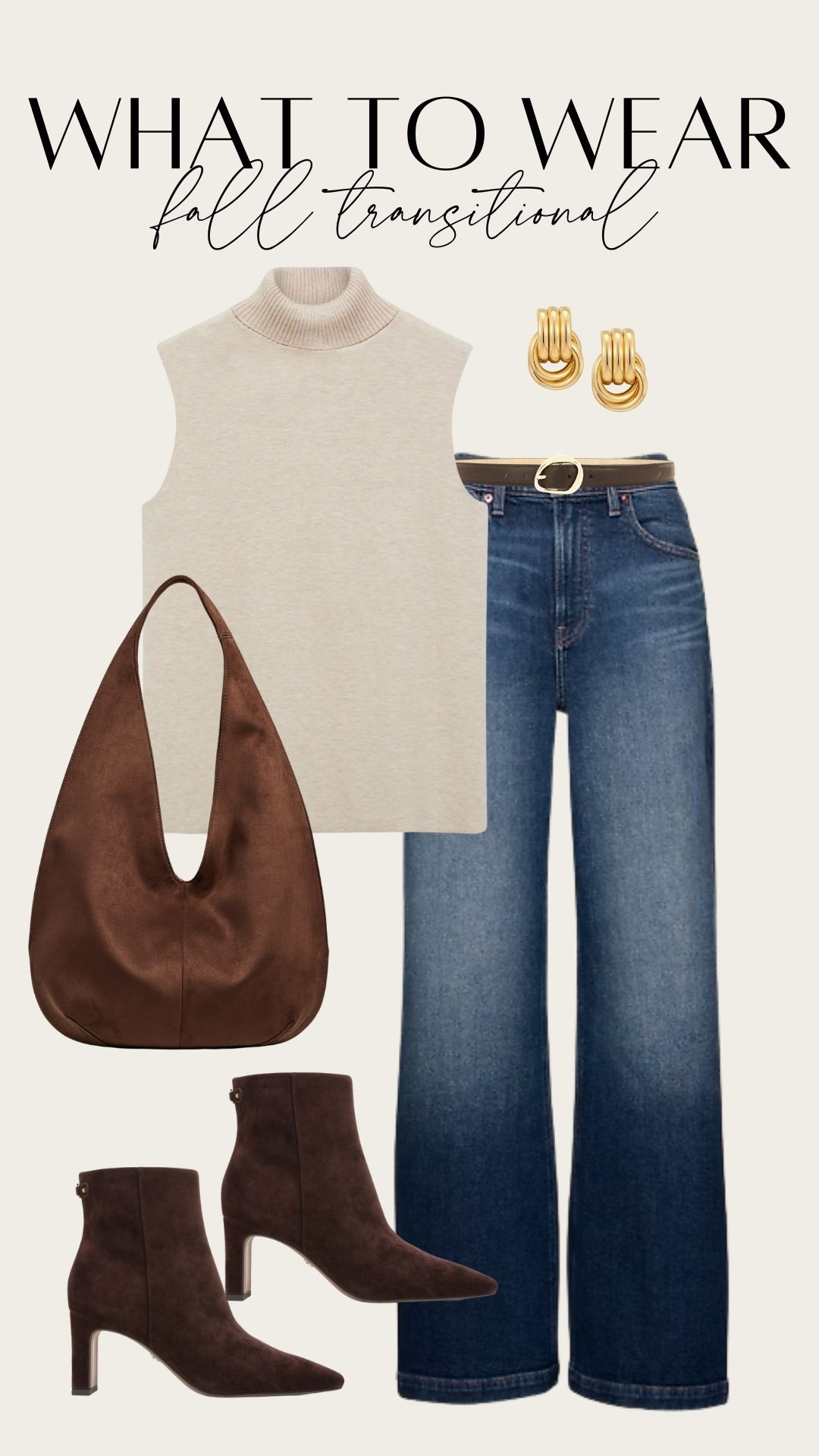 What to Wear: Fall Transitional Outfit 

Fall capsule wardrobe. Fall outfits. Workwear. Office outfit. Tan sweater tank, dark wash denim, suede hobo bag, suede heeled booties. 

#LTKStyleTip #LTKFindsUnder100 #LTKWorkwear