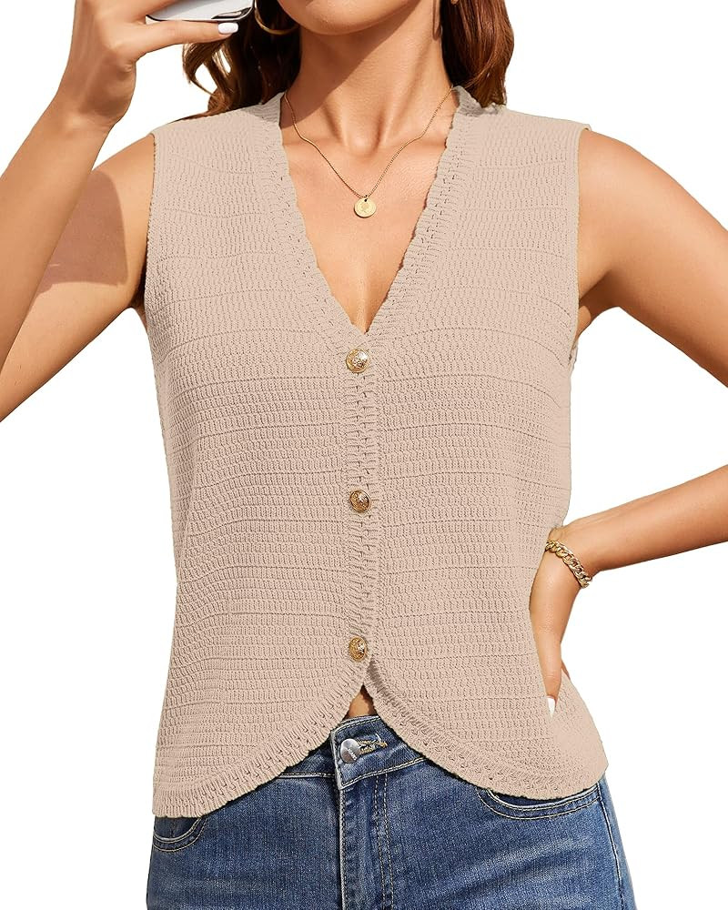Sleeveless V Neck Crochet Tops for Women Button Down Sweater Vest Casual Loose Knit Summer Vacati... | Amazon (US)