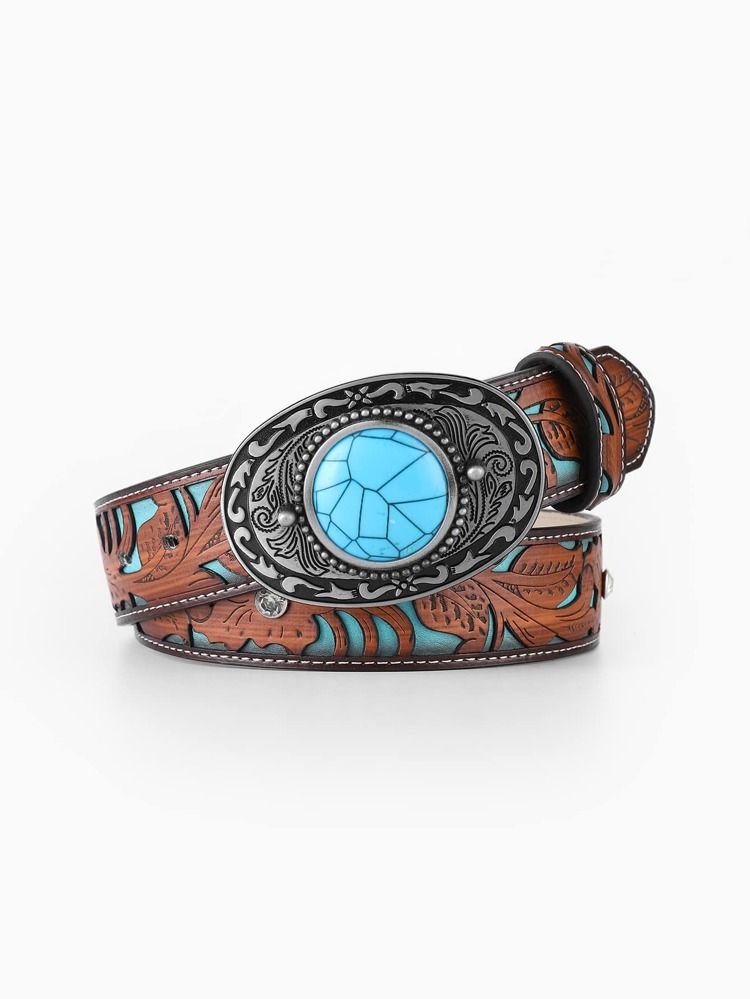 Turquoise Decor Oval Buckle Belt | SHEIN
