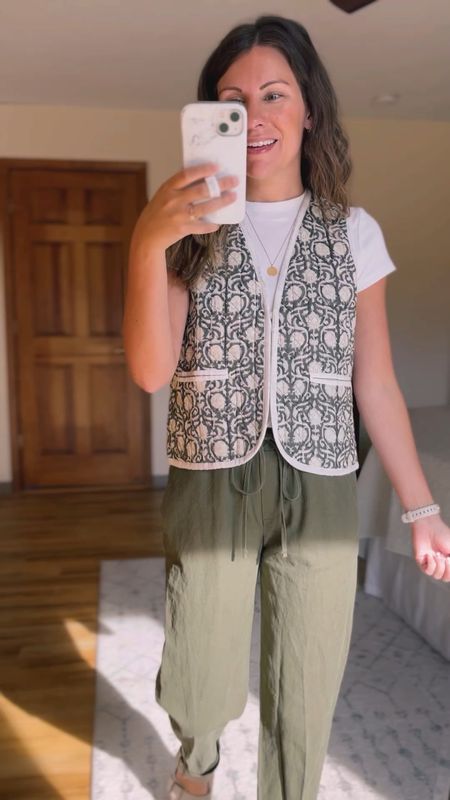 Wearing a size small in my quilted vest and the white ribbed tee. My pants a tee also a size small but sold out in my color, I linked the exact pair of pants (they come in other shades of green and other colors) and I also linked other similar options for green linen pants.  

#LTKSeasonal #LTKStyleTip #LTKFindsUnder100