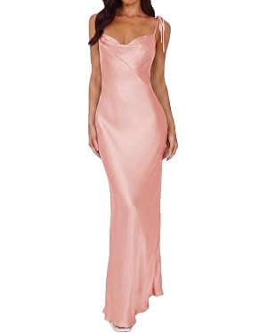 2026 Satin Cowl Neck Spaghetti Strap Slip Maxi Dress for Women Tie Strap Formal Wedding Guest Dre... | Amazon (US)