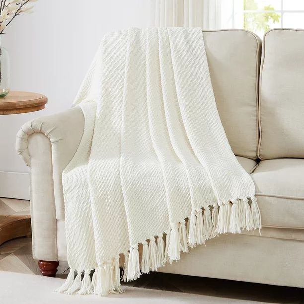 My Texas House Chloe Chenille Diamond Tassel Throw, 50" x 60", Coconut Milk | Walmart (US)