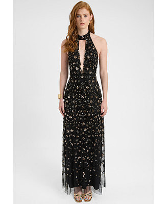 Women's Embellished Sequin Beaded Maxi Dress With Choker-Style Collar | Macy's