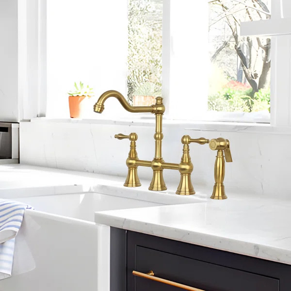 Brass Heritage Bridge Kitchen Faucet with Side Spray 2 Handles | Wayfair North America