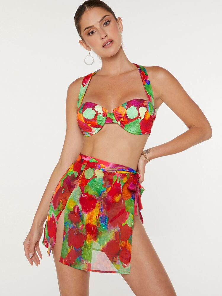 SHEIN 3pcs Tie Dye Criss-cross Tie Backless Bustier M-slit Hem Skirt Set | SHEIN