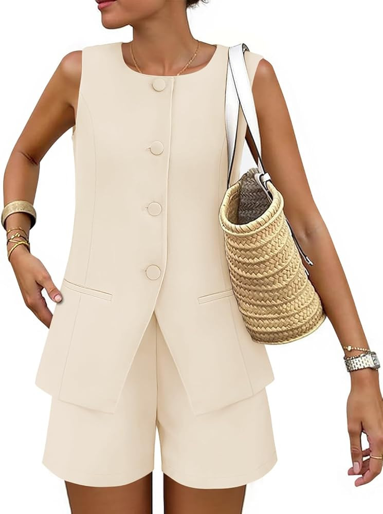 ZESICA Women's 2025 Summer 2 Piece Short Sets Sleeveless Crew Neck Suit Vest Tops High Waist Shor... | Amazon (US)