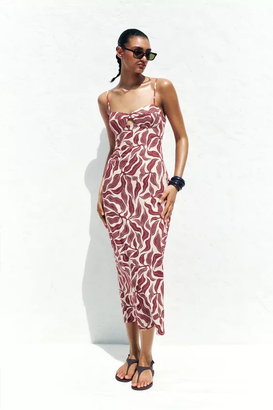 PRINTED RUSTIC LINEN MIDI DRESS | Zara US