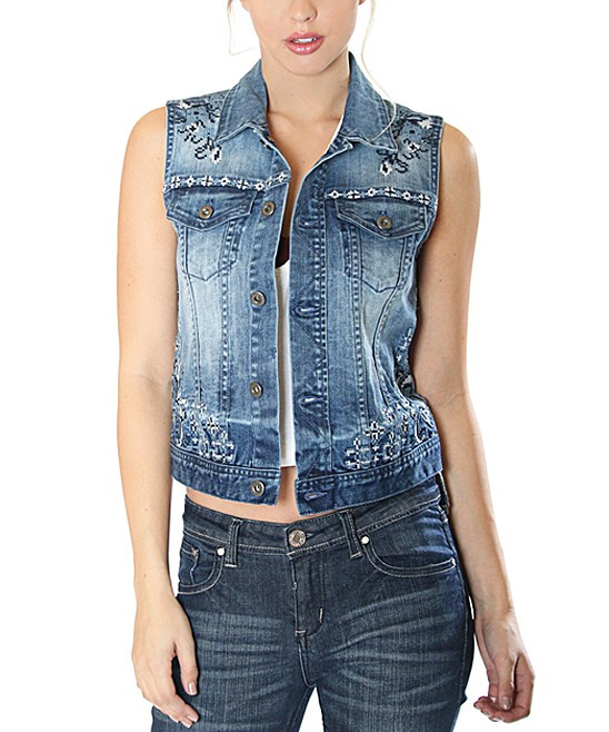 GRACE in LA Women's Denim Jackets blue - Medium Wash Distressed Denim Vest - Women | Zulily