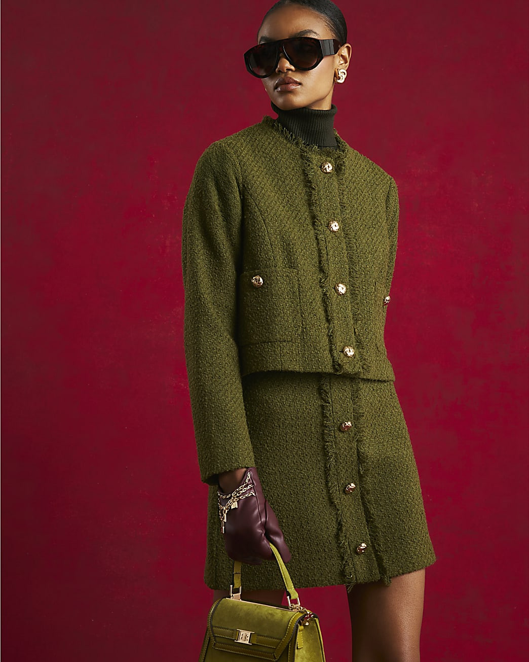 Green Boucle Button Front Mini Skirt | River Island UK & IE